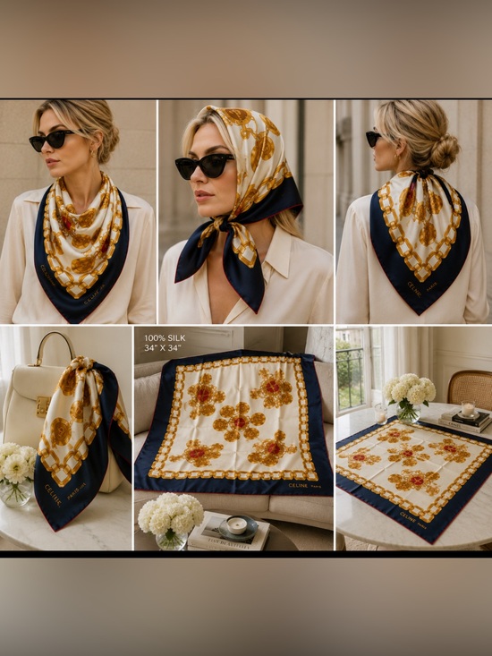 Celine Accessories - Celine Navy, White & Gold Chain Motif Silk Scarf 34” x 34” EUC